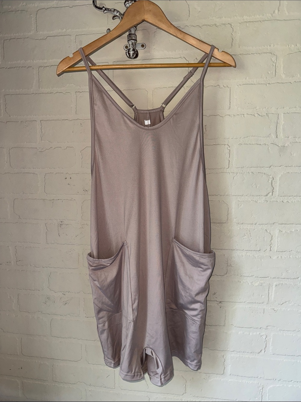 Light Taupe Sleeveless Pocket Romper shorts NEW small